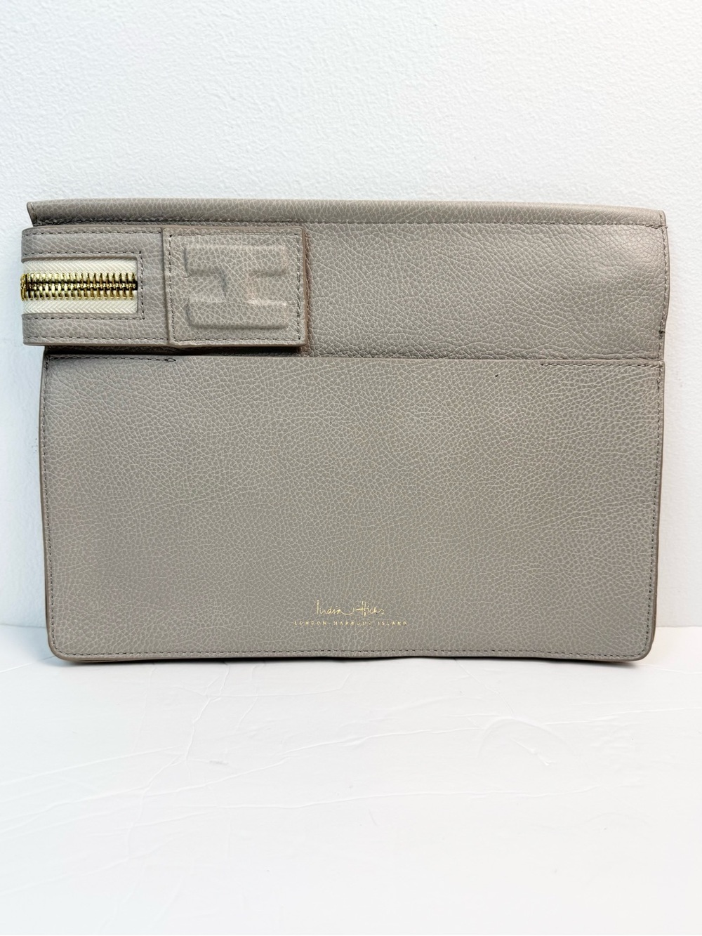 India Hicks Taupe Big Zipper Clutch